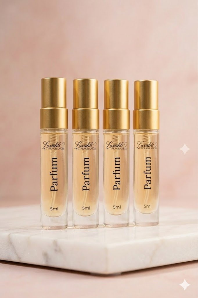 Set of Luxable Fragrances 5ml parfum bottles lined up on marble surface, travel-friendly luxury perfumes for layering and scent discovery